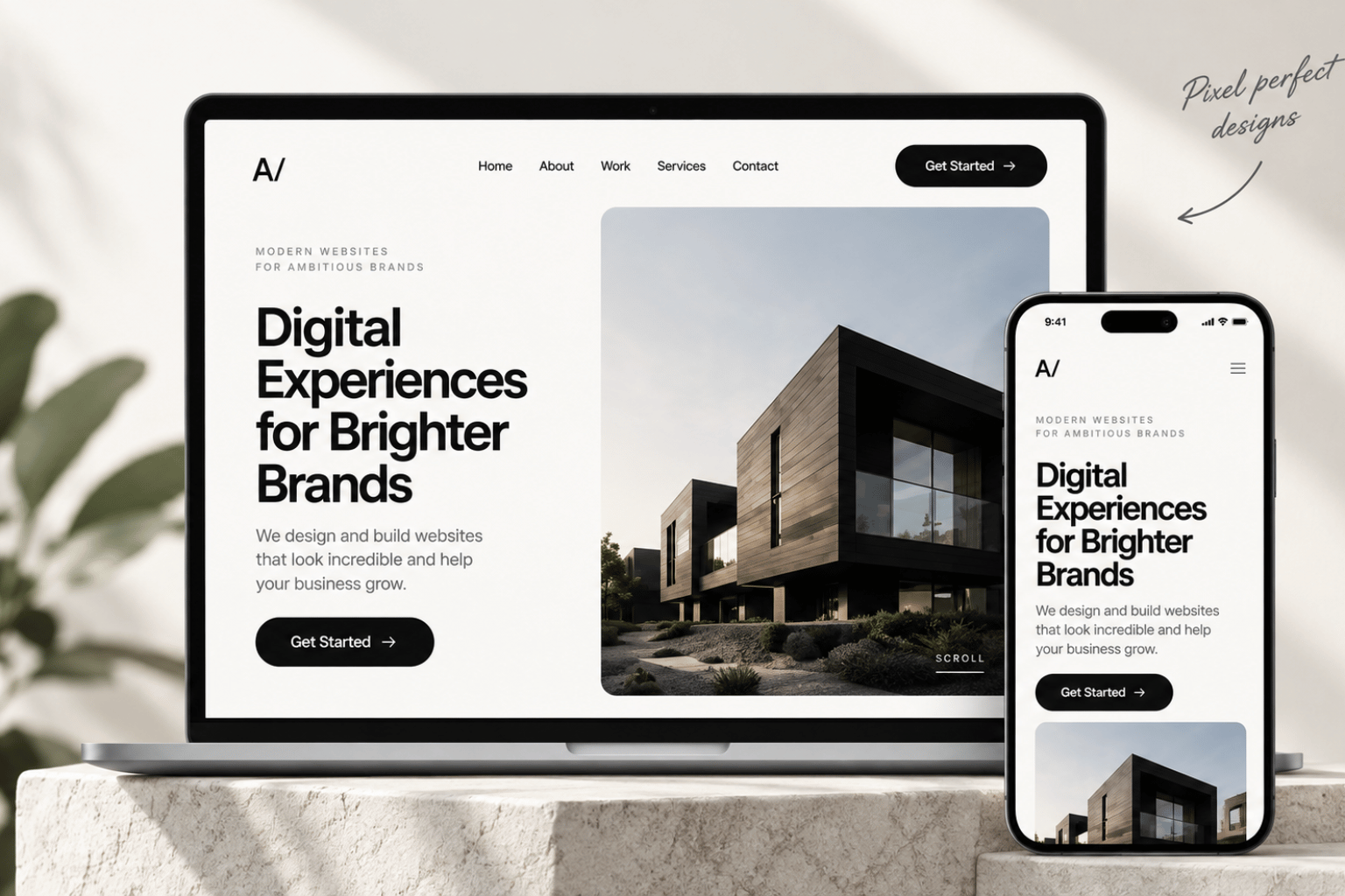 Mockup laptop dan ponsel menampilkan desain website modern dengan tata letak yang jelas dan ajakan bertindak.