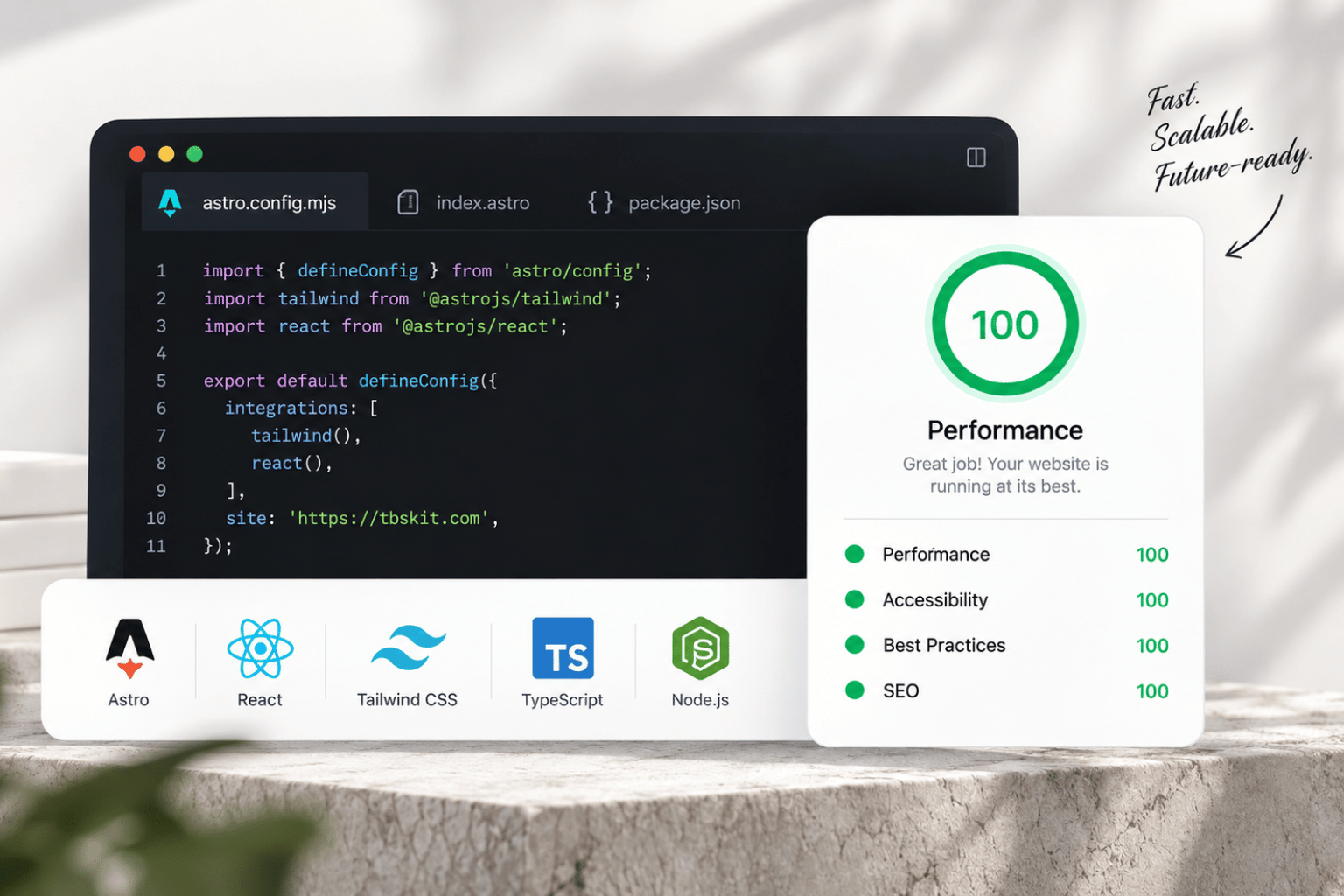 Laptop menampilkan file konfigurasi Astro beserta logo Astro, React, Tailwind CSS, TypeScript, dan Node.js, di samping laporan Lighthouse 100/100 dengan catatan Fast. Scalable. Future-ready.
